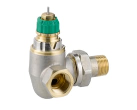 Danfoss RA-DV 10 ventilhus i messing med forniklet overflade og grøn forindstillingsskala.