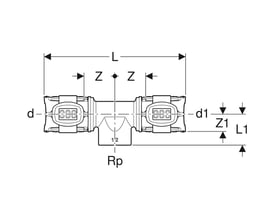 Teknisk tegning af Geberit FlowFit T-stykke med dimensioner og gevindstørrelser angivet i mm og "Rp".