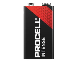 Duracell Procell Intense Power alkaline 9 V-batteri i sort og rød med de to batteriterminaler øverst.