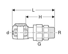 Målskitse af Geberit FlowFit union i blyfri siliciumbronze med dimensioner angivet.