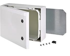 Fibox Arca vægskab i gråt PC-materiale, hxbxd 300x400x150mm, isoleret på hvid baggrund.