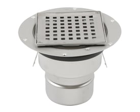 Blücher Square gulvafløb i rustfrit stål med 145x145 mm ramme og lodret Ø110 mm udløb.