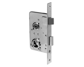 Assa Abloy låskasse 250 for venstre side, blankforniklet med lang rektangulær stolpe og synlige falldeler.