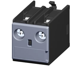 Siemens hjælpeblok front 1NC med skrueklemmer og grå frontplade, designet til relæer og kontaktorer.