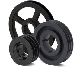 Tre støbejerns kileremskiver i forskellige størrelser, 2-spor, 118 mm diameter, til B, SPB og XPB remme med taperlock.