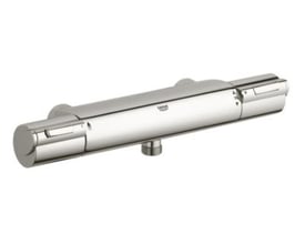 Grohtherm 800 Smart termostatarmatur fra Grohe i skinnende kromfinish med drejelige greb og tydelige symboler på hvid baggrund.