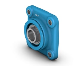 SKF Food Line F4BC 35M-TPSS lejeenhed i blåt, optisk detekterbart kompositmateriale med rustfrit stålindsats og dobbelt tætning.