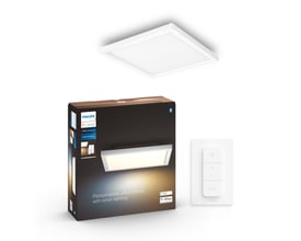 Philips Hue Aurelle lyspanel, 30 cm, hvid, firkantet, vist med pakning og Hue Dimmer switch.