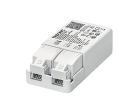 Tridonic LC15/350/42 LED driver i hvid polycarbonat med en flad profil og to kabelaflastninger på en hvid baggrund.