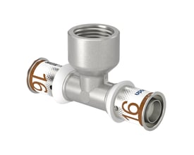 Uponor S-Press MLCP T-stykke med 16 mm preskoblinger og ½" indvendigt gevind muffe, fremstillet af metal til 20 års drift.