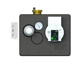 Roth Minishunt Plus i messing med hvid kapillarføler og termo til mindre gulvvarmeanlæg.