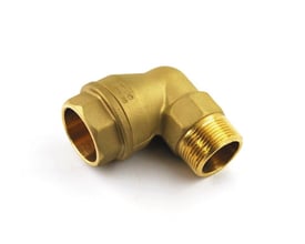 Isiflo overgangsvinkel i messing til 40mm rør med 1" gevind, på hvid baggrund.
