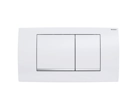 Geberit Twinline30 betjeningsplade i alpin-hvid plast med to hvide skylleknapper og blanke designstriber, set forfra på hvid baggrund.