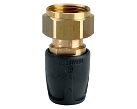 Viega Raxofix-forskruning til 16 mm PB-rør med 3/4-tommers gjenge, sett forfra med messingfarget mutter og svart tilkoblingsdel.