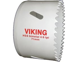 Viking hulsav i hvidt metal med rød logo, HSS bi-metal med 4/6 tpi og 71mm diameter, viser tænder og skær.
