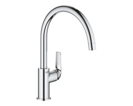 Grohe Start Curve etgrebs køkkenarmatur i krom med C-tud og svingradius på 360 grader, fremstillet af messing.