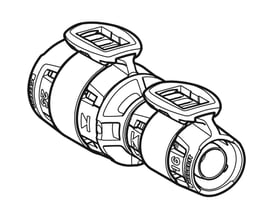 Teknisk tegning af Geberit FlowFit reduktion i sort PPSU, viser en 75mm til 50mm overgang med samlingsdetaljer.