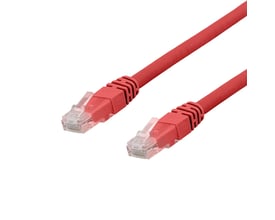 DELTACO U/UTP Cat6a patchkabel på 0,5 meter i klar rød farve, med RJ45 stik i begge ender og halogenfri kappe.