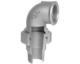 Georg Fischer galvaniseret vinkel union 90° med 1/2" x 1/2" gevind i blødstøbt jern, vist i tværsnit.