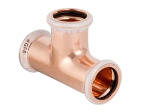 Geberit Mapress T-stykke i kobber, 35 x 35 x 35 mm, med tre pressmuffer sett skrått forfra.