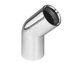 Forkrommet Purus-vinkel på 45° i plast for Ø32 mm innstikk, sett på skrå med den åpne muffen synlig.