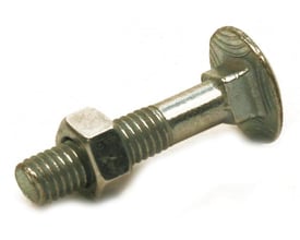 Elektrogalvanisert fransk treskrue med mutter, M6 x 25 mm, med rundt hode, firkantet hals og synlig gjenge.