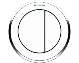 Geberit Omega10 betjeningsplade til dobbeltskyl i hvid plast med krom detaljer og sort inddeling. Med Geberit logo øverst.