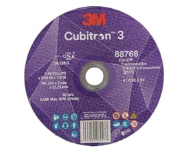 3M Cubitron III skæreskive 180 mm til stål, specifikation T41 med 22,2 mm huldiameter og max 8500 omdrejninger.