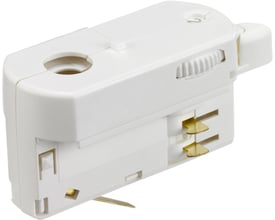 Hvid Nordic Aluminium GLOBAL trac® 3-faset multiadapter GA69-3 set skråt fra oven med synlige metalliske kontakter.