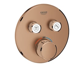 Grohtherm SmartControl termostat til indbygning med to ventiler i børstet kobber fra Grohe, med trykknapper og temperaturvisning.
