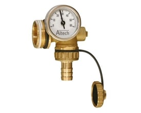 Pettinaroli endestykke til gulvvarme fordelerrør i messing med termometer, udluftning og aftapningshane.