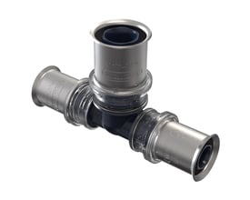 Wavin Tigris K5 T-stykke med dimensionerne 32 x 25 x 25 mm i blå PPSU plast med metalpresringe.