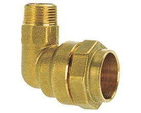 Isiflo vinkelovergang i messing 90 grader med kompressionskobling og ½" nippel, til 20 mm rør.