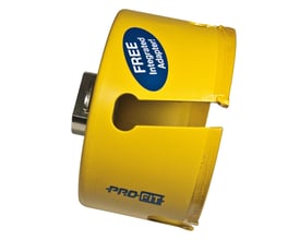 PRO-FIT 114 mm HM hulsav med monteret adaptor, vist fra siden med guldfarvet metal.