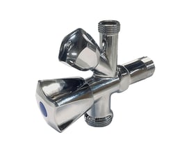 Forkrommet dobbel stoppeventil 1/2" x 3/8" x 3/4" med to grep og gjengetilkoblinger.