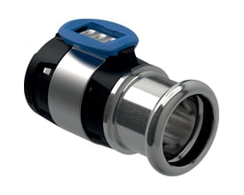 Geberit FlowFit overgangsmuffe 40x35mm i rustfrit stål med sort plastdetalje og blå pressehåndtag, klar til installation.