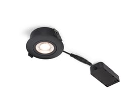 Nordtronic Low Profile Flexible G2 indbygningsspot i mat sort, med tilhørende driver og hvid baggrund.