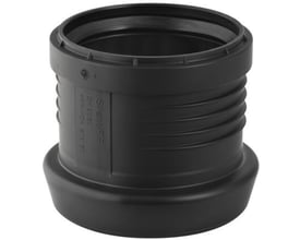Geberit Silent PP PE-S2 adapter i sort plast med en diameter på 75 mm og noter om materialet og dimensioner på siden.
