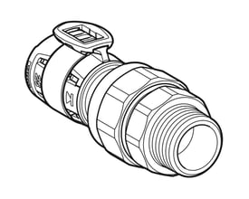 Stretegning af Geberit FlowFit union, 32mm x 1" x 1 1/4", i blyfri siliciumbronze, med udvendigt gevind og klipsdetaljer.