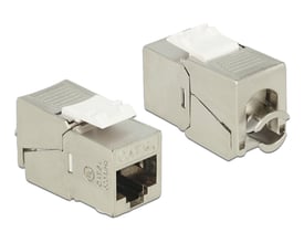 Sølvfarget DeLock keystone-modul for Cat.6A STP med skjermet RJ45-hunnkontakt og LSA-tilkobling, vist fra to vinkler.