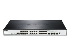 D-Link DGS-1210-28MP managed switch, vist fronten med 24 Gigabit Ethernet-porte og 4 SFP-porte.