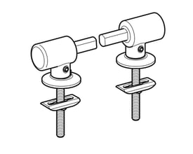 Teknisk tegning af Geberit Group hængselsæt til WC-sæde med soft-close funktion, visende dele og dimensioner.