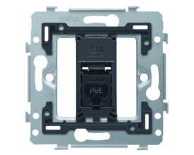 Niko dataudtag med 1x RJ45 Kat.6A UTP, mærket 'PoE', monteret på en grå metalramme klar til installation.