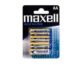 Maxell alkalisk AA/LR06-batteri på 1,5 V i blisterpakning, med fire gylne batterier synlige.