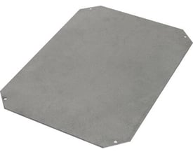 Fibox montageplade af elforsinket stål til 600x400 mm vægskab, vist fra siden på hvid baggrund.