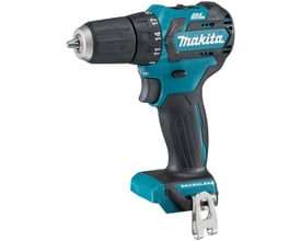 Makita CXT DF332DZ 12 V bore-/skrumaskin i turkis og svart, sett skrått forfra med momentinnstilling og grep.