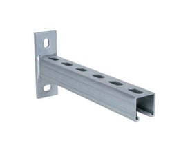 Walraven RapidStrut 21H-konsoll på 600 mm med veggfeste og perforert C-profil, sett skrått forfra.