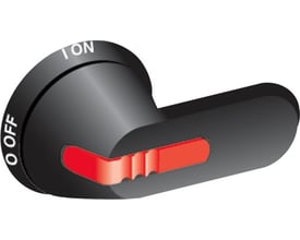 Nærbillede af ABB drejegreb OHB45J6 med tydelig I-On/0-Off mærkning i hvid skrift på sort baggrund og rød indikator.