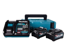 Makita 40V XGT batteripakke med 2 stk. 4,0 Ah batterier, DC40 A hurtiglader og Makpac kuffert på hvid baggrund.
