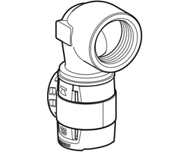 Geberit FlowFit 90° bøjning med 25mm pres-ende og 1" indvendigt gevind, lavet af blyfri rødgods.